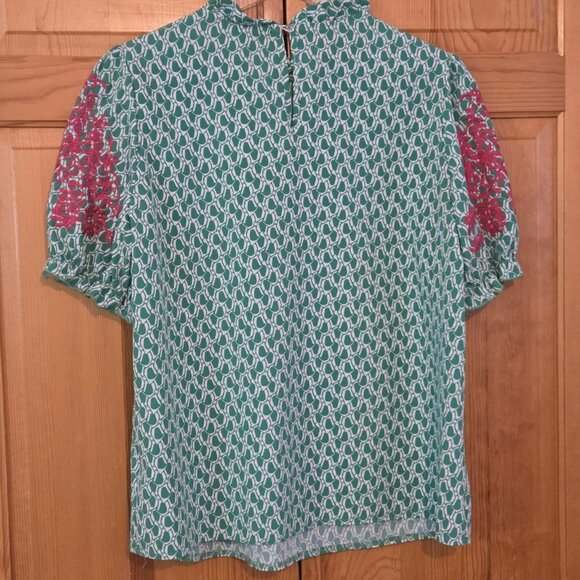 Boho Top Size Large Anegada Style Embroidered Puff Sleeve Ruffle Collar Blouse - Picture 9 of 13